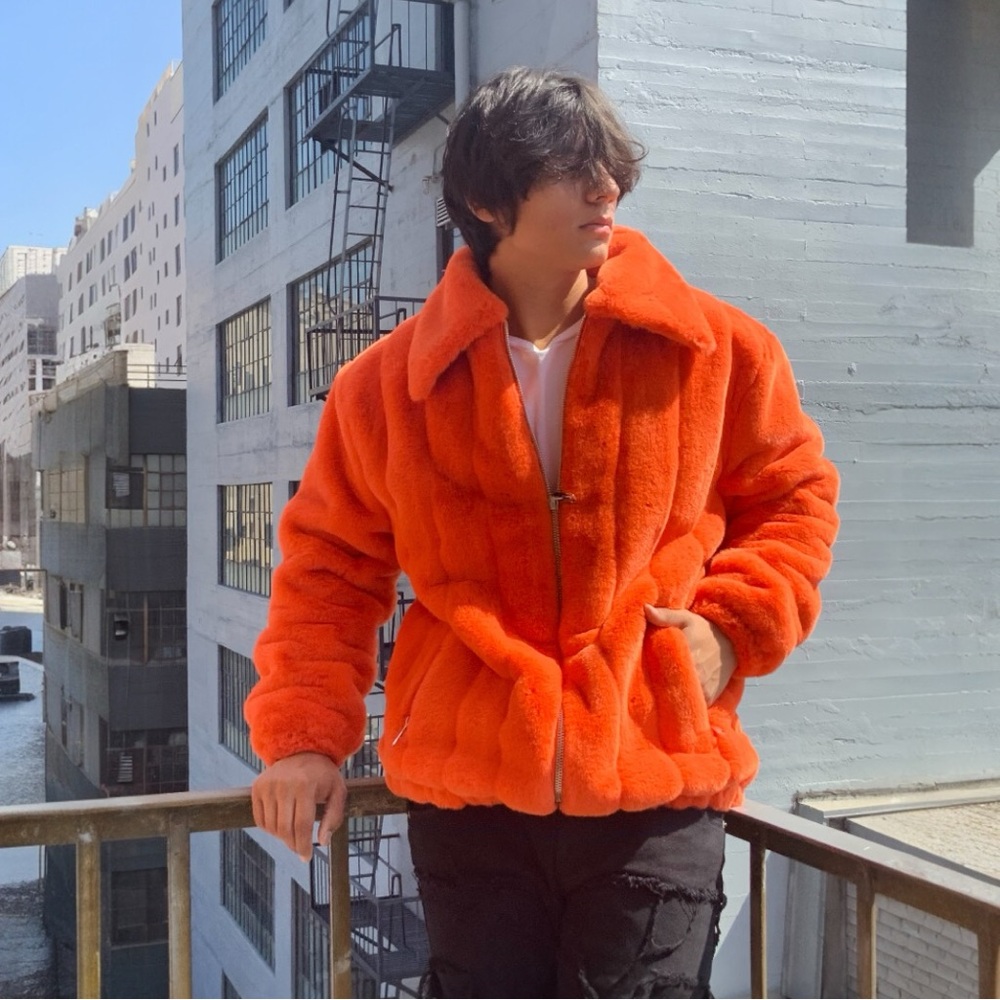 Men's Manzini Orange Faux Fur Fuzzy Coat NWT